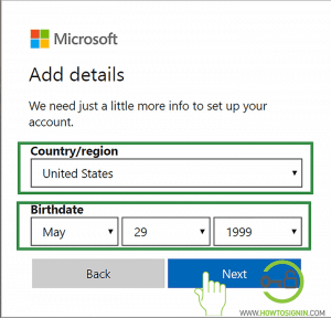Choose country and date of birth for Hotmail Sign up