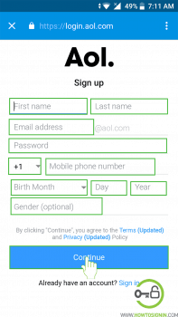 Aol sign up form in mobile app