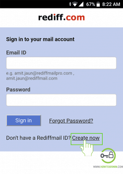 Create rediffmail from mobile