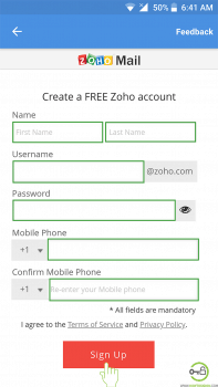 zohomail sign up form mobile app