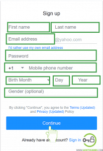 Yahoo Sign Up form