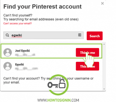 choose pinterest account to reset password