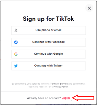 click on Log in link-TikTok
